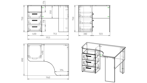 Стол угловой Твой Стиль с 3 ящиками (без принта) от Династия Kids