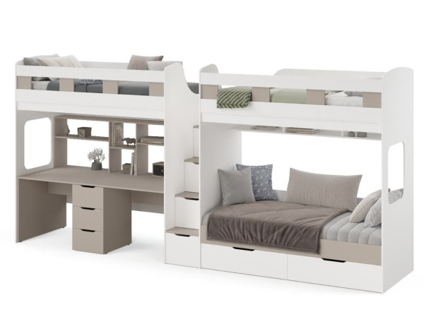 Кровать 3-х ярусная Квартет + стол для 2 детей (велюр + белый)