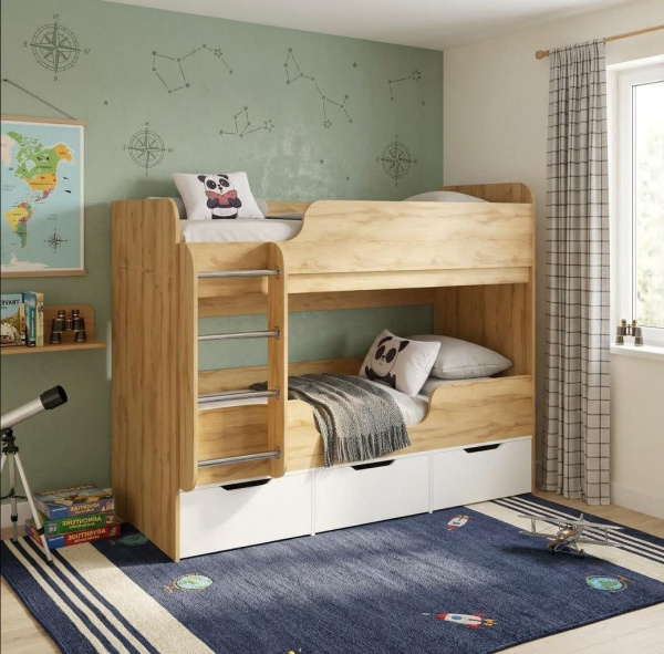 Кровать 2-х ярусная Малыши Двойняшки 180х80 (дуб золотистый + белый)