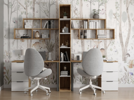 Комплект для 2 детей Брайт Золотистый: стол 2 шт. + стеллаж + полки 2 шт. от Династия Kids