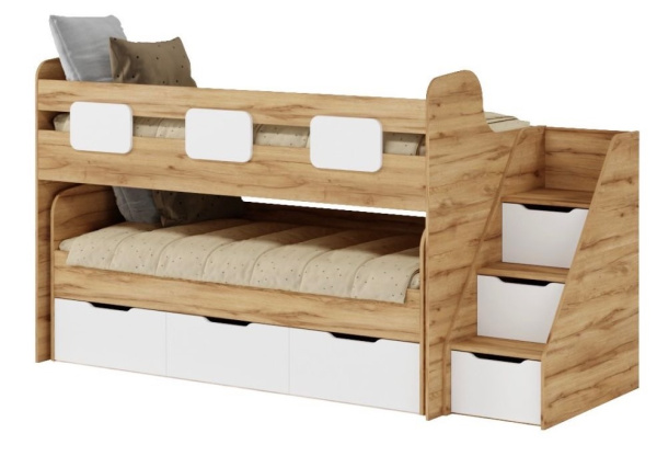 Кровать 2-х ярусная Городок 190х90 + 180х80  (дуб золотистый + белый) от Династия Kids