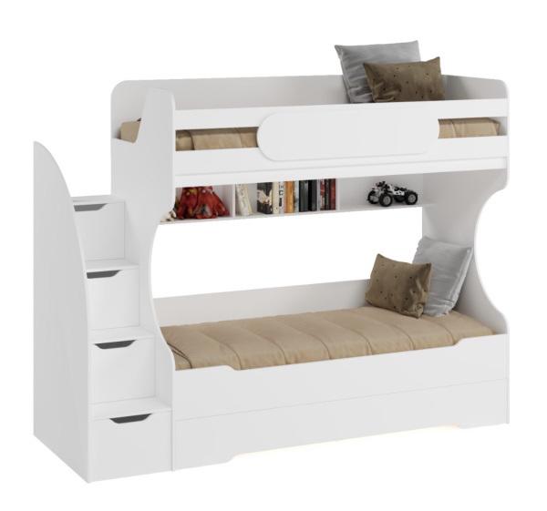 Двухъярусная кровать БИГ 90х200 с доп. спальным местом (цвет белый)  от Династия Kids