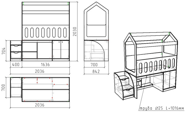 Кровать-чердак 160х80 Теремок (цвет белый) от Династия Kids