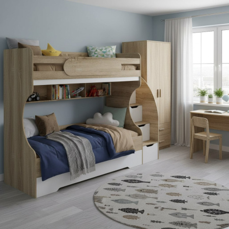 Кровать БИГ 120х200 с доп.спальным местом (дуб сонома + белый) от Династия Kids