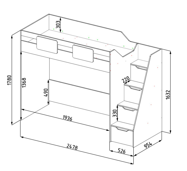 Кровать-чердак коллекции Мозаика 190х90  от Династия Kids