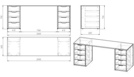 Стол Дуэт 2000 мм (белый) две тумбы. Столешница 22 мм от Династия Kids