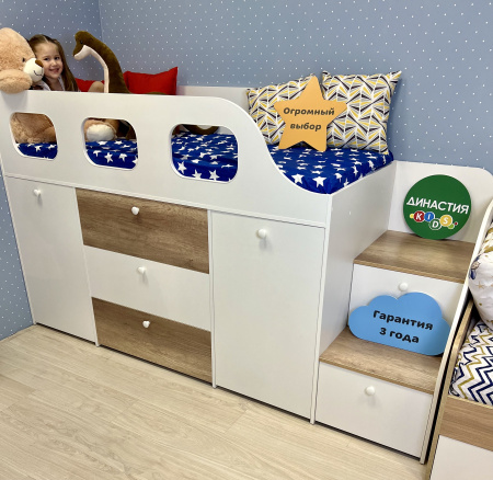 Кровать-чердак Хэппи 180х80 (дуб каньон+белый)  от Династия Kids